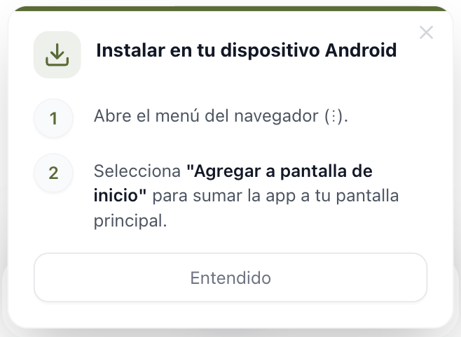 Captura del aviso en Android: tarjeta con pasos para abrir el menú del navegador y elegir Agregar a pantalla de inicio