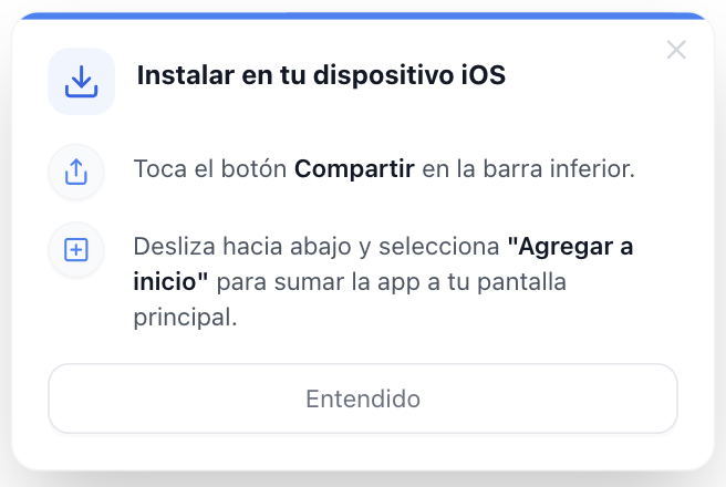 Captura del aviso en iOS: tarjeta «Instalar en tu dispositivo iOS» con los pasos Compartir y Agregar a inicio